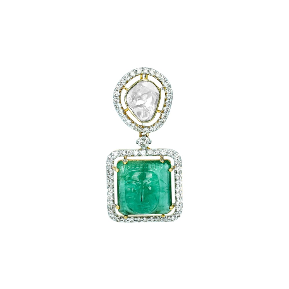 Carved Emerald Pendant with Halo Polki and Diamond